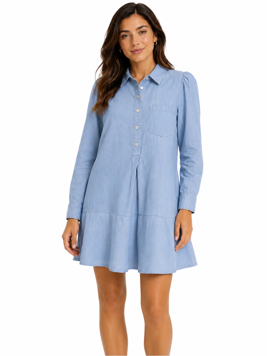 Light Blue Long-Sleeve Shirt Dress Linen Blend - 0923